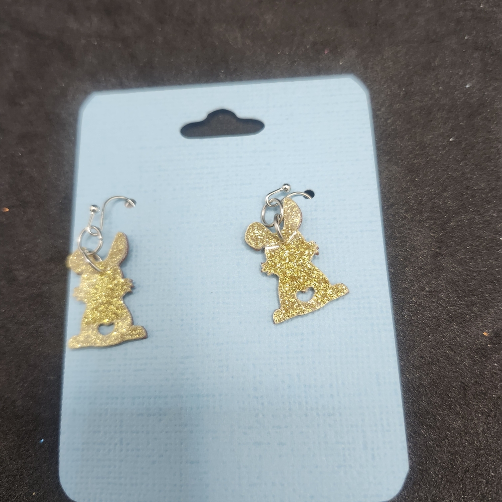 Hand Crafted Gold Bunny Faux Leather Dangle Earrings, Lightweight Easter Gift